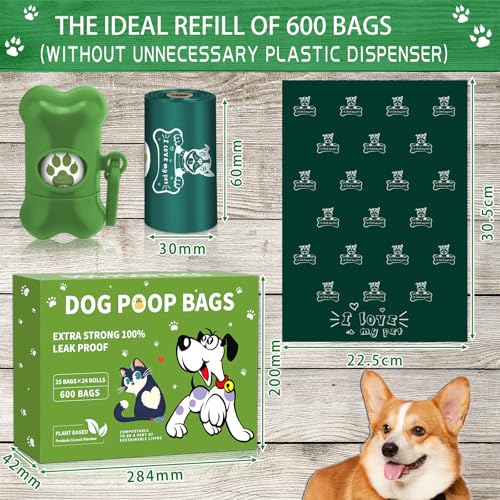 JEDWKFA 600 Stück/24 Rollen Hundekotbeutel, Auslaufsichere und extra dicke Kackbeutel für Hunde, mit Spender, Taschen für Hunde, Geeignet für den Außenbereich, Hundekotbeutel mit duft, tragbar, Grün