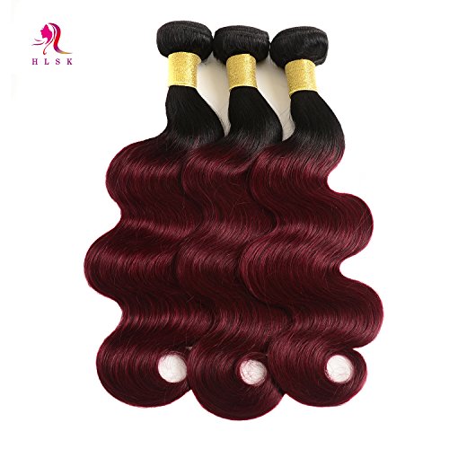 HLSK Hair Ombre Human Body Wave 3 Bundles Brazilian Virgin Hair 2 Tone T1B/99J Black to Burgundy Hair Extensions (T1B/99J,16 18 20)
