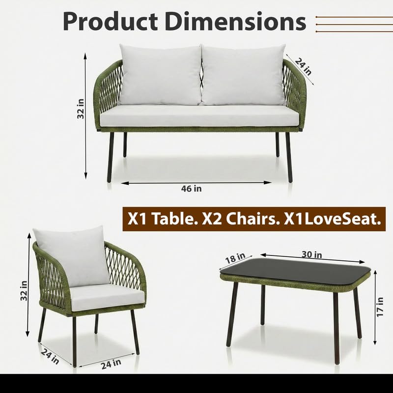 Image of OUTLIVING Braid Rope & Metal Frame Outdoor 4-Seater Sofa Set with Tempered Glass Top Center Table, Water-Repellent Cushions & Handwoven Design for Patio, Garden and Balcony (Green and White)