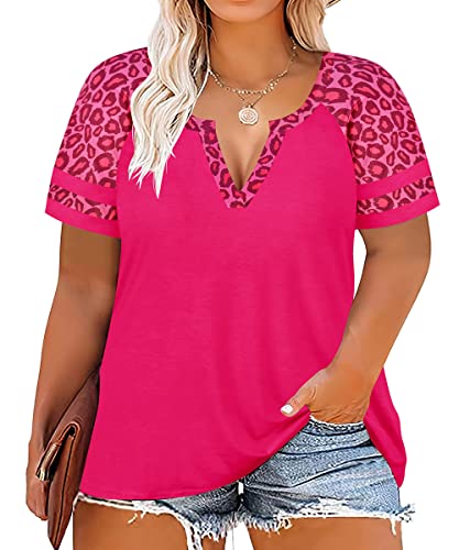 Image of CARCOS Plus Size Tops for Women Short Sleeve Summer Pullover Color Block Crewneck /V Neck Tee Tunic Loose Fit Tshirts XL-5XL