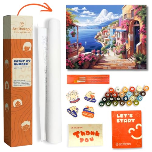 Image of Art Therapy Pcn28 Linen Canvas DIY Paint by Numbers Kit 15 x 20 Inch for Adults and Kids with 2 Set of Acrylic Oil Painting Colors with Brushes for Stress Relief & Home Decoration (Where The Sea Meets Calm)
