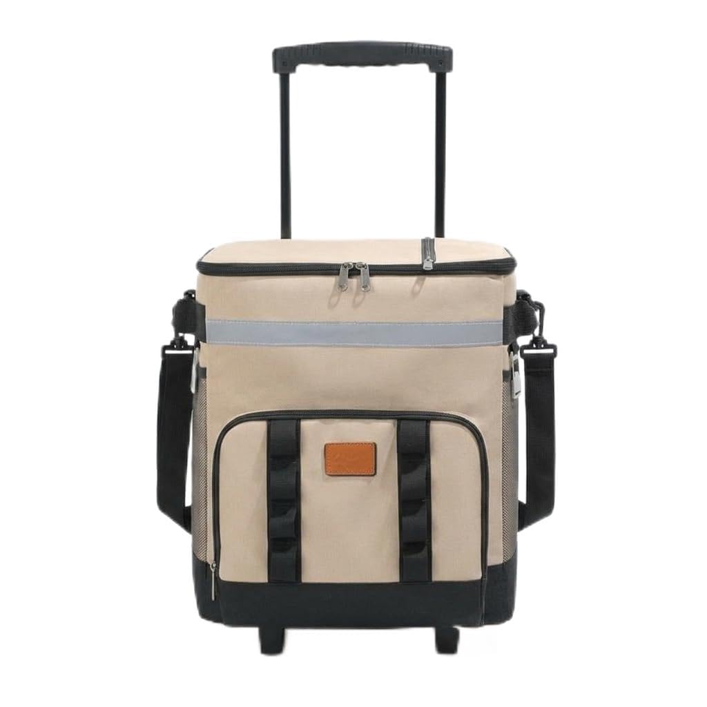 Borsa Termica Isolata per Spesa E Trasporti Tessuto Antistrappo Interno Capiente Ruote Resistenti Maniglia Retrattile Adatta a Picnic Campeggio Viaggi Consegna Cibo, Cachi, Beige