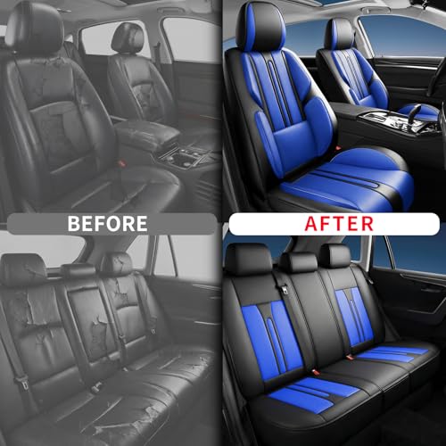 Image of Fit Sierra Car Seat Covers (5 Seats Full Set) Compatible with GMC Sierra 1500 /2500 /3500 2000-2026-Full Coverage Premium Breathable Leather,Airbag Compatible,Waterproof & All-Weather,Black-Blue