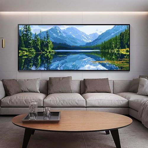 Broderie Diamant grand format 100x40 cm forêt et lac pour canevas 5D