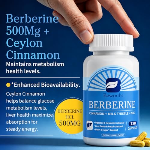 B BEWORTHS Berberine HCL Supplement - Berberine with Ceylon Cinnamon, NAC, Milk Thistle Metabolism & Liver Detox Support | Liposomal Berberine with Turmeric, Choline for Cholesterol, Gut Health - 120 — view 3