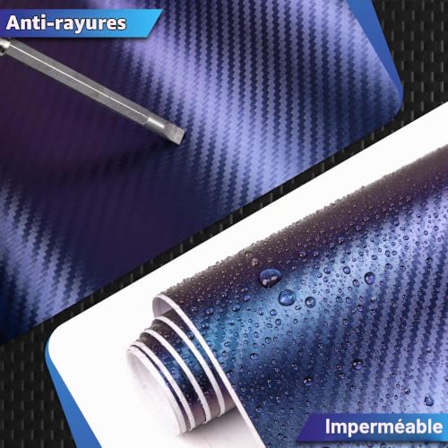 CompraFun Film Covering Voiture, 3D Covering Carbone en Vinyle 300 x 30cm Bleu-Violet, Fibre de Carbone Imperméable Adhésif Pas de Bulles, Autocollant pour Voiture, Moto, Vélo, avec des Outils – vue 5