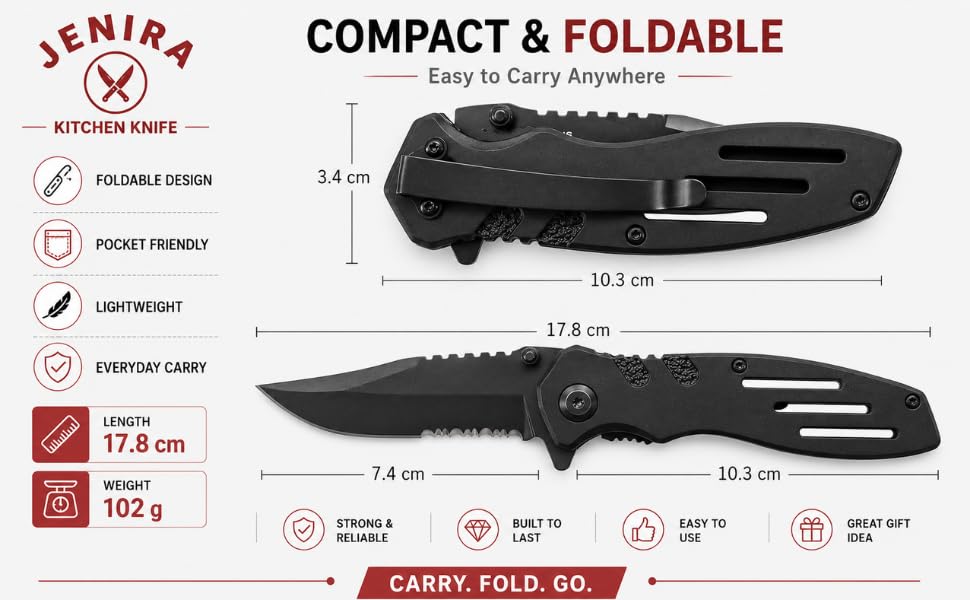 Image of JENIRA Multipurpose Carbon Steel Utility Knife, Ultra-Sharp, Compact, Portable, for Fruits, Vegetables, Meat and Package Opening, Everyday Carry Cutting Tool