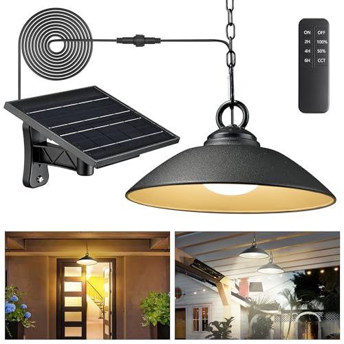 MOON-DE-AGE Solar Pendant Lights with Remote Control, 3 Color 2 Brightness Mode Timer 8 inch Outdoor Hanging Shed Gazebo Chandelier Lamp Chicken Coop Barn Porch Light, Dusk to Dawn, 1 Pack