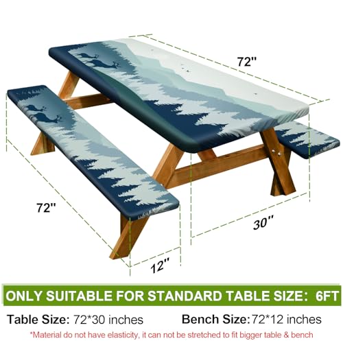 Image of Picnic Table Cover with Bench Covers 6FT 3 Pcs Waterproof Windproof Aesthetic Camping Tablecloth with Drawstring Bag, Fitted for 6 Foot Rectangle Tables and Seats, 72 inch, Blue Deer Forest