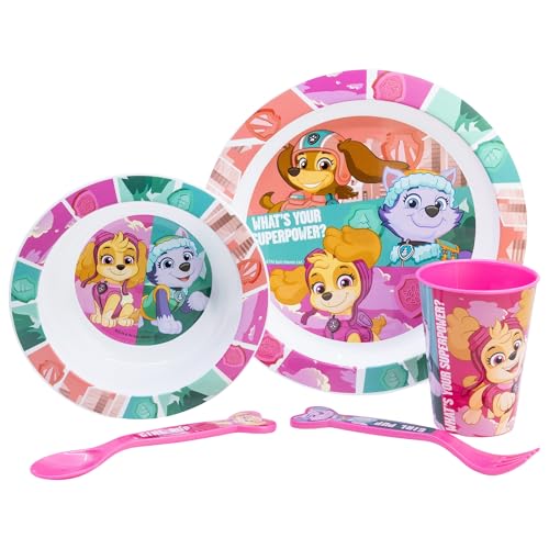 Conjunto de louça infantil reutilizável adequada para micro-ondas, composto por copo, prato, tigela e talheres da patrulha Canina Girl