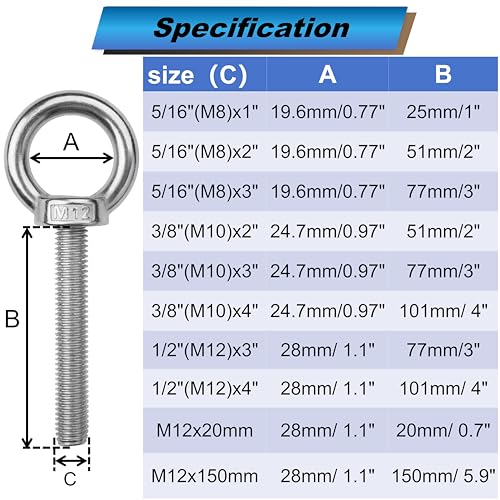 Image of 2 Pack M12 Eye Bolts with Nuts, 304 Stainless Steel 1 /2 inch x 4 inch Heavy Duty Lifting Eye Bolts, Metric M12x102mm Ring Eye Bolt for Hanging, Tie Down, Outdoor & Hardware Fixing (2, 1 /2 inchx4 inch)