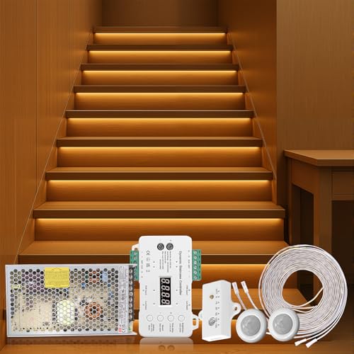 BlueDate Intelligent Motion Triggered LED Stair Lighting Kit, 60 Inches Long Cuttable LED Strip Light for Indoor Stair Lights (Warm White 3000K, 10-15 Stairs)