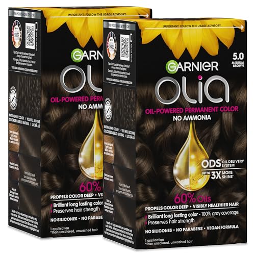 Garnier Olia Hair Color, Ammonia-Free Permanent Hair Dye, Oil-Powered Formula for 100% Gray Coverage and 3x Shinier Hair, Vegan & Cruelty Free, 5.0 Medium Brown, 2 Count