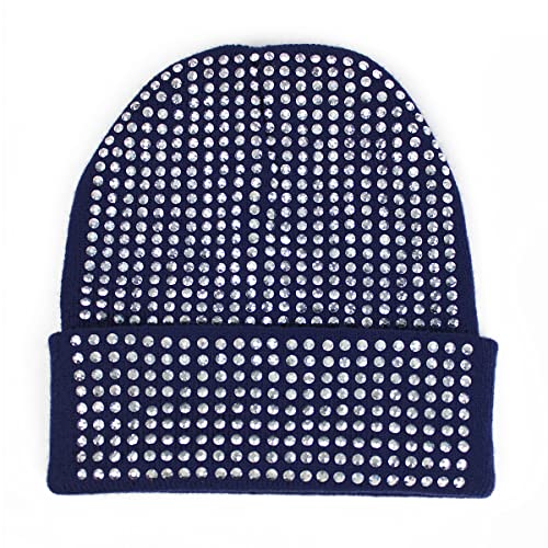 Bonnet d'hiver chaud doux en tricot bleu marine orné de strass brillants élégants