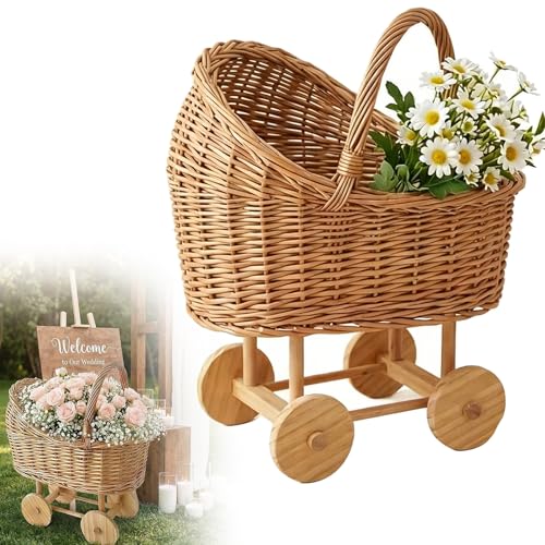 Handmade Wicker Planter Basket Wicker Baby Carriage - Handwoven Rattan Stroller Flower Girl Basket with Handle - Vintage Wicker Planter for Floral Arrangements & Wedding Centerpiece Decor (Small)