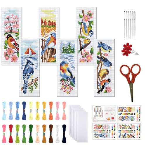 Marque-page point de croix estampillé oiseaux et fleurs Lot de 6