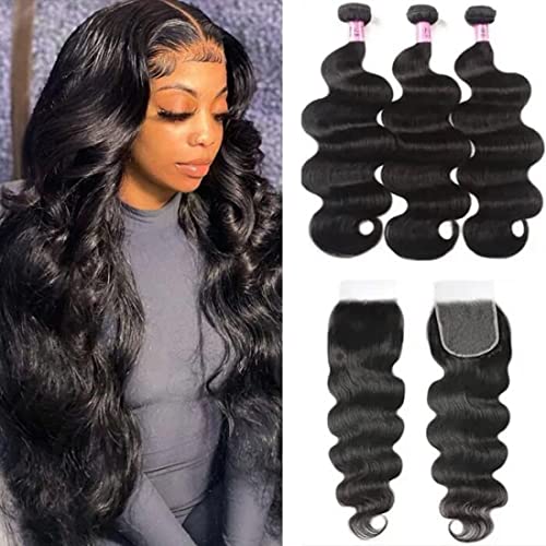 Image of UNICE Body Wave Human Hair Bundles with Closure 20 22 24+20 inch Brazilian Virgin Hair Weave 3 Bundles Human Hair with 5x5 hd Lace Closure Free Part Bleached Knots Natural Black