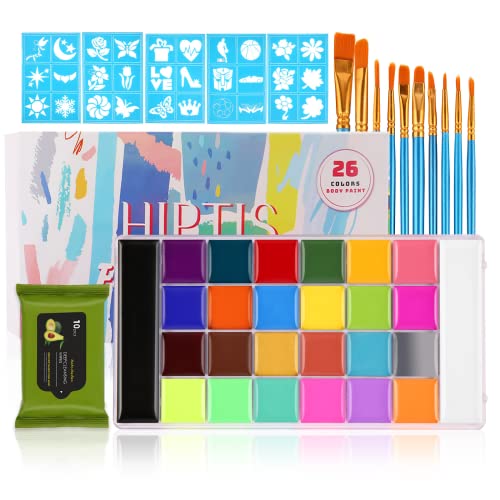 HIPTIS Face Body Paint 26 Colors, Face Paint Makeup Palette for Kids and Adults, Professional Flash Non Toxic Safe Tattoo with 6 Glow Colors, Face Painting Kit for Cosplay SFX Arty Stage Makeup Party