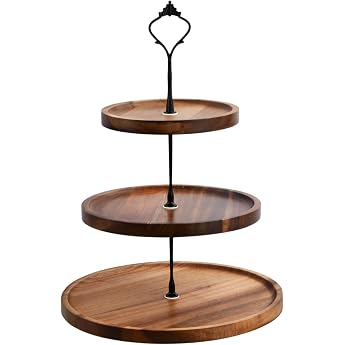 3-Tier Wooden Cake Stand Cupcake Stand with Metal Handle Cake Stand Serving Stand for Dessert Fruit Birthday Afternoon Tea Party Wedding B