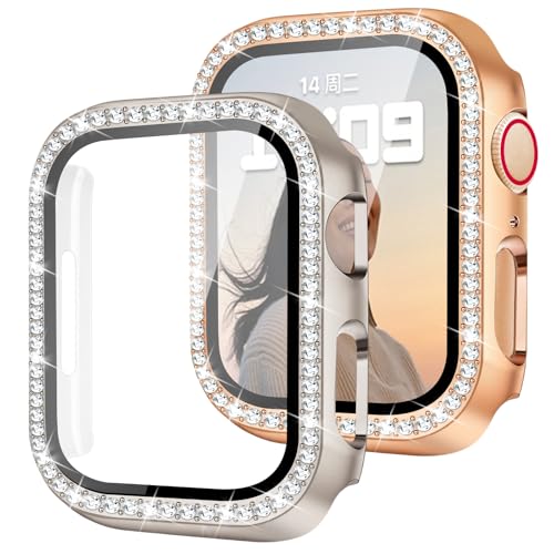 JR.DM 2 Pack Bling Case with HD Screen Protector Compatible with Apple Watch Series 4 5 6 SE 40mm, Women Glitter Diamond Rhinestone Bumper Face Cover for iWatch Accessories 40mm Starlight/Rose Gold