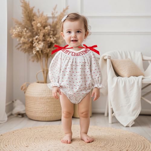 Newborn Infant Baby Girl Christmas Outfit Long Sleeve Smocked Bubble Romper Bow Ruffle Bodysuit Winter Clothes2