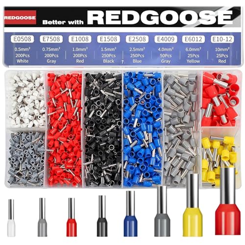 REDGOOSE 1200PCS Assorted Wire Ferrules Terminals Kit AWG 22-10 Insulated Copper Crimp Connectors for Electric Industrial and Power Control Systems