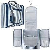 PAVILIA Toiletry Bag Travel Bag for Women Men, Hanging Cosmetic Organizer, Water Resistant Makeup Bag for Accessories Toiletries, Large Travel Essentials Kit (Stripe Navy)