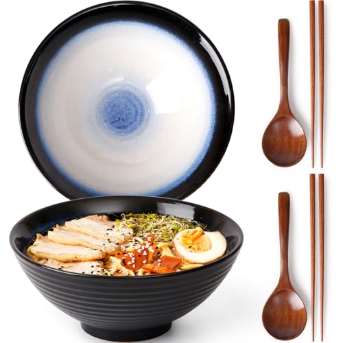 NUTRIUPS 2 x 1200ml Ramenschüssel aus Keramik mit Essstäbchen und Löffeln, 20cm Bowl Schüssel Suppenschüssel Groß，Katzenauge blau – Ansicht 1