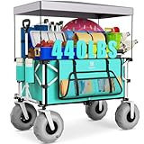 Navatiee Beach Wagon with Big Balloon Wheels for Sand, 200L Extra Large Beach Cart with Canopy, 440Lbs Heavy Duty Folding Wagon Collapsible with 9' Tires & Side Pocket for Beach, Outdoor, Light Blue