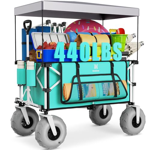 Navatiee Beach Wagon with Big Balloon Wheels for Sand, 200L Extra Large Beach Cart with Canopy, 440Lbs Heavy Duty Folding Wagon Collapsible with 9" Tires & Side Pocket for Beach, Outdoor, Light Blue