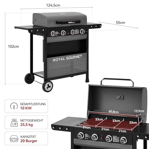 Royal Gourmet 4-Brenner Gasgrill 10 kW Grillwagen mit klappbaren Seitenablagen, Ablagekorb, Outdoor Gasgrill für Balkon, Terrasse, Garten und Camping