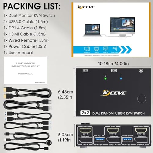 Image of KVM Switch 2 Computer 2 Monitors, HDMI + Displayport Dual Monitors KVM Switcher Supports 4K@60Hz for 2 Computers Share Keyboard, Mouse and Monitor