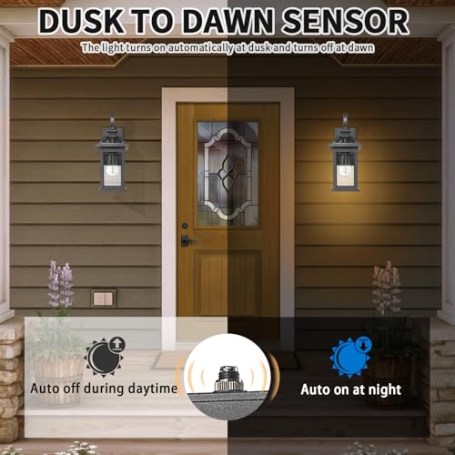 Image of Darkaway Dusk to Dawn Outdoor Lights Fixture Wall Mount, Exterior Wall Light with Seeded Glass Waterproof Black Outside Wall Sconce for House Porch Hallway Garage