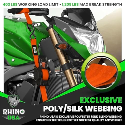 Image of Rhino USA Retractable Ratchet Straps (2-Pack) - 1 Inch x 10 Feet (1,209lb Break Strength) - Auto Self Retracting Tie Down Straps for Truck, Cargo Trailer, Motorcycle, ATV, UTV - Orange