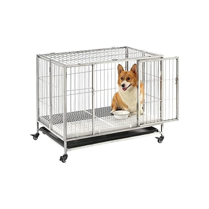 Buy LEMONDA 37” Foldable Stainless Steel Dog Crate, Dog Kennel Cage with Removable Tray