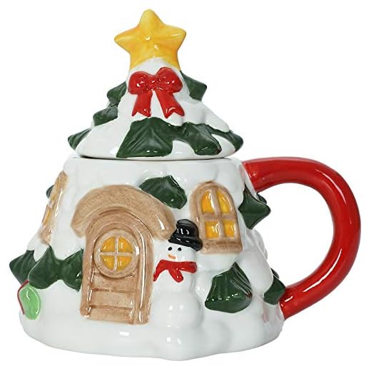 Tree With Star Lid - Christmas Themed Ceramic Glossy 12 oz Mug With Handle (Microwave and Dishwasher Safe)