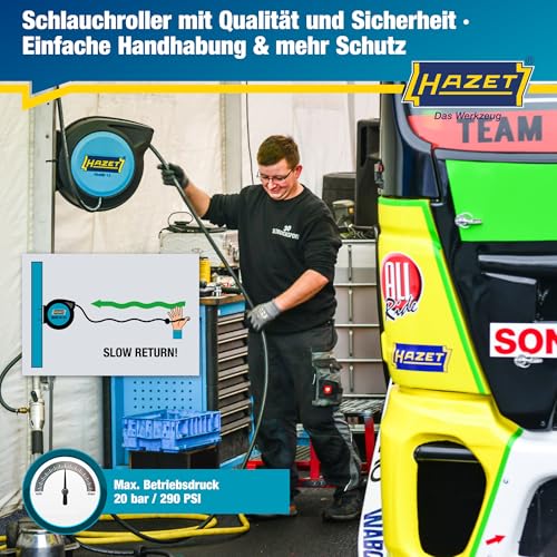 HAZET Schlauchaufroller 9040N-13 I Schlauch-Länge 15 m, Innendurchmesser: 13 mm, Druck: 20 bar für Druckluft und Wasser I Druckluftschlauchtrommel mit „Stop at any point“-Funktion
