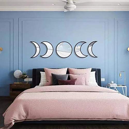 5 Pieces Scandinavian Natural Decor Acrylic Wall Decorative Mirror Interior Design Wooden Moon Phase Mirror Bohemian Wall Decoration For Home Living Room Bedroom Decor - Not Actual Mirror (Beige) #TOP3