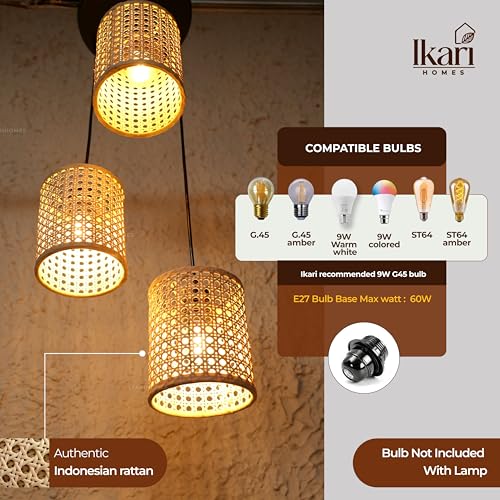 Image of Ikari Homes Rattan Chandelier 3 in1 Pendant Light, Natural Beige, Boho Style, E27 Base, Chandelier for Living Room I Dining I Bedroom I Balcony I Adjustable Wire - (Bulbs not Included) (Hex Mesh)
