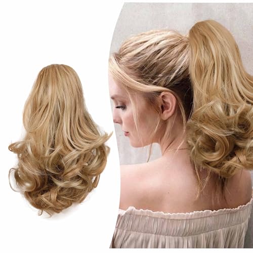 Gairyan 10" Clip in Ponytail Hair Extensions Curly Ponytail Extension Claw on Pony tails Wavy Synthetic Hairpieces for Women Real Natural Short Wave, Sandy Blonde & Natural Blonde