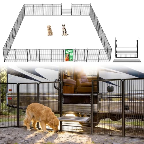 Image of FXW Instant Dog Playpen with RV Step Grid for RV Camping, 40 inch H, 32 Panels | Quick-Setup & Heavy-Duty Play Yard, Helps Close Stair Gaps, Fits 26 inch RV Step Opening, For Medium & Large Dogs, Patented