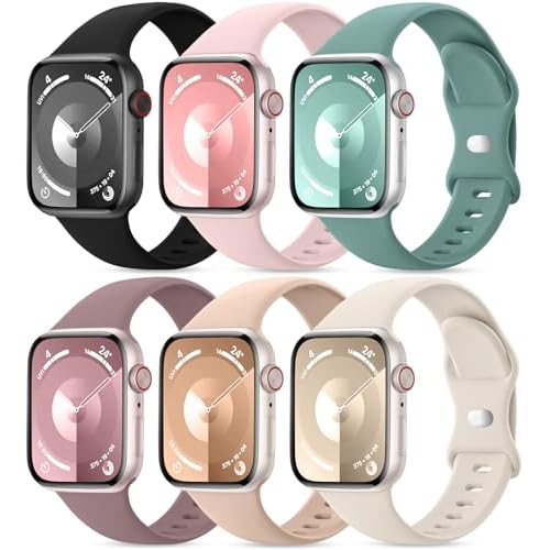6 Pack Sport Bands Compatible with Apple Watch Bands for Women 40mm 41mm 44mm 45mm 46mm 42mm 38mm 49mm Men, Soft Silicone Waterproof iWatch Strap for Apple Watch Series 10 9 8 Ultra SE 7 6 5