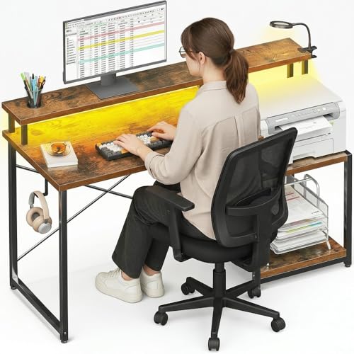 Image of Gaming Desk with Monitor Stand & Storage Shelves | Study & Computer Desk with Headphone Hook | Reversible Office for PC Setup | Rustic Brown | 120 x 60 x 87 cm