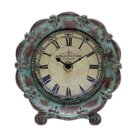 NIKKY HOME Table Top Clock, Vintage French Decorative Pewter Analog Desk Clock Battery Operated for Living Room Decor Shelf, Green Cover