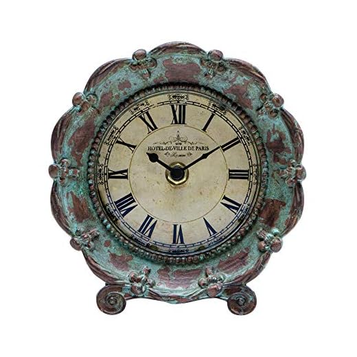 NIKKY HOME Table Top Clock, Vintage French Decorative Pewter Analog Desk Clock Battery Operated for Living Room Decor Shelf, Green