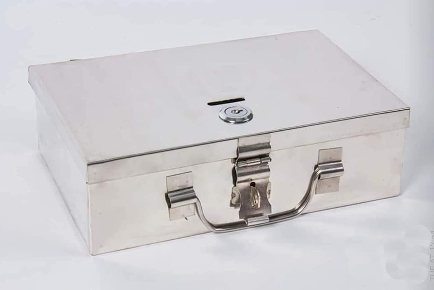 GinoSet® Stainless Steel Cash/Coin/Jewellery Storage Rectangular Silver Boxes with Pre-Fitted Lock (8" x 5" x 2.7") (With Pre fited One Lock & 2 Key) (Medium Poja 8) 2