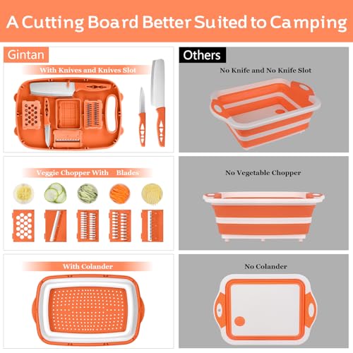 Image of Gintan Camping Cutting Board, 9-in-1 Collapsible Chopping Board with Colander, Kitchen Vegetable Washing Basket for Camping, Camping Gifts Camping Accessories for RV Campers (orange)