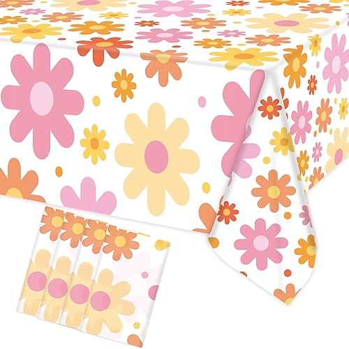 Image of Augisteen Groovy Daisy Tablecloth Plastic Boho Flowers Table Covers Retro Hippies Flower Disposable Rectangle Tablecloths for 70s Boho Birthday Baby Shower Wedding Party 54 x 108 Inch, 4 PCS