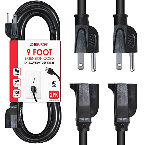 Digital Energy 3 Prong 9 Foot Long Indoor Outdoor Extension Cords 2 Pack - 9Ft Black Heavy Duty Grounded Power Cords, Ul Listed #TOP20
