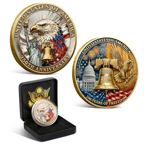 Image of USA 250th Anniversary Commemorative Coin 1776-2026 America 250 Patriotic Collectible Coin with American Eagle 250 Year American Anniversary Coin Collectors Veterans Gifts America 250 Merchandise (A)